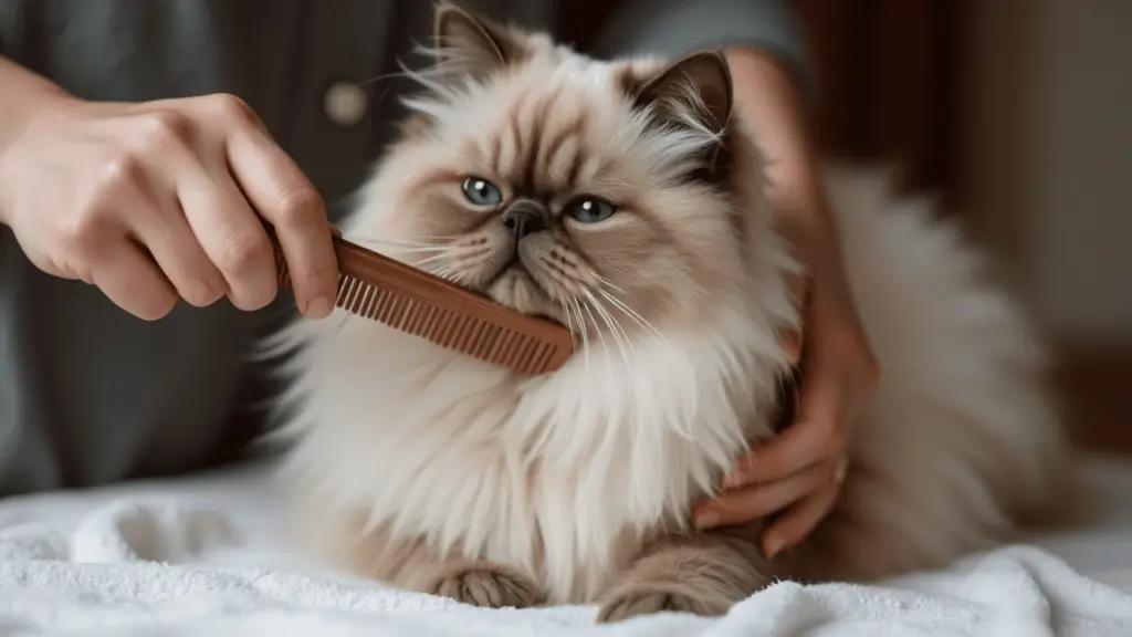Ethical Persian Cat Breeders: Maine Coon, Persian & Ragdoll Costs & Care 2 Persian cat being gently brushed to prevent mats and tangles
