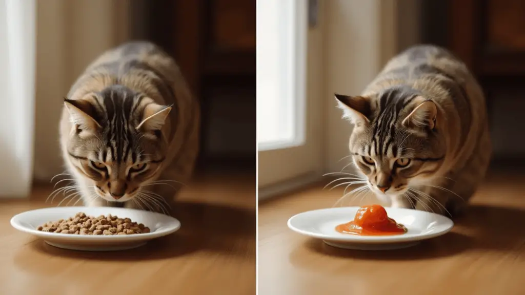 Wet Cat Food: Health Benefits, Top 5 Vet-Recommended Brands & Feeding Tips 5 Cat transitioning from dry kibble to wet food in side-by-side comparison