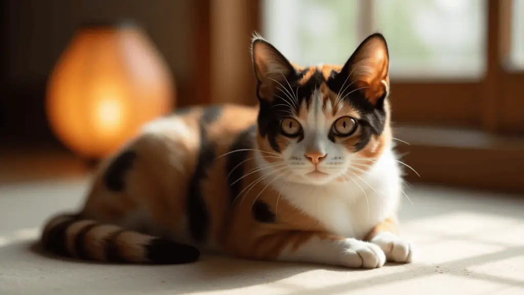 Rare Cat Breeds Spotlight: Japanese Bobtail, Balinese, and Stunning Tortoiseshell Cats 2 A tortoiseshell cat with vivid orange, black, and white markings lying in warm sunlight near a window, showcasing its unique coat pattern.