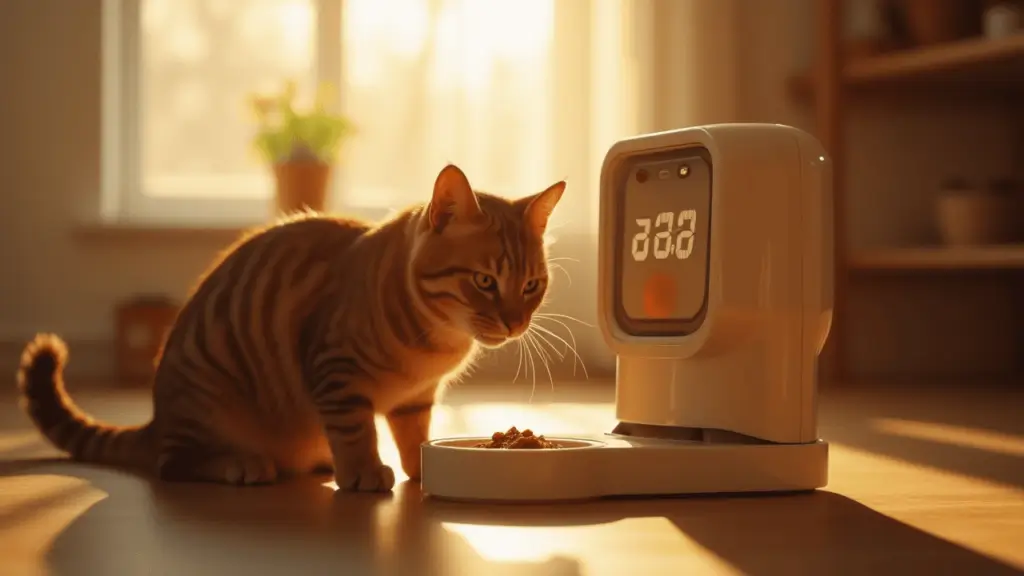Wet Cat Food: Health Benefits, Top 5 Vet-Recommended Brands & Feeding Tips 4 Cat eating from automatic feeder portioning wet food at scheduled times