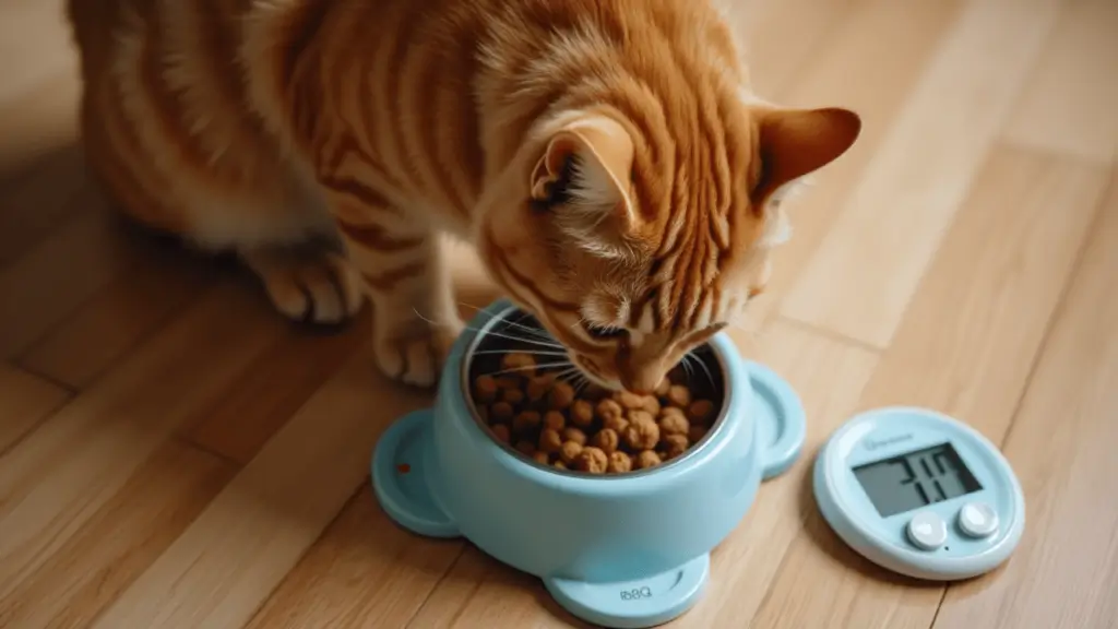 Wet Cat Food: Health Benefits, Top 5 Vet-Recommended Brands & Feeding Tips 9 Overweight cat eating measured wet food from a slow-feeder bowl