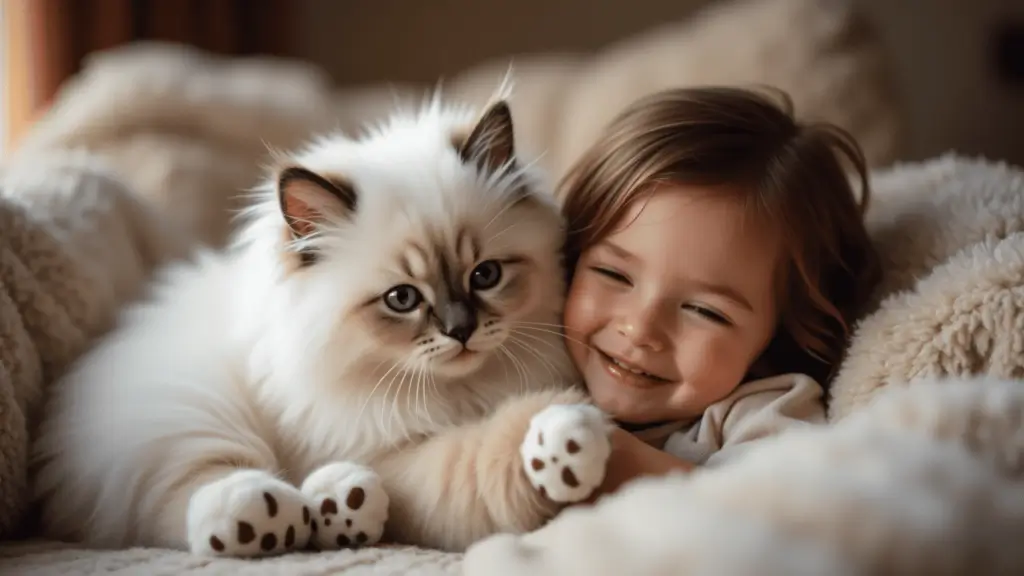 Ethical Persian Cat Breeders: Maine Coon, Persian & Ragdoll Costs & Care 4 Ragdoll cat cuddling with a child, showing gentle temperament