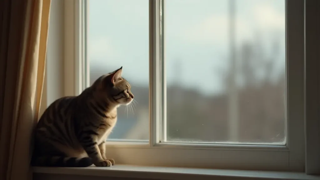 Cat Anxiety Decoded: Natural Remedies and Calming Tips That Work 1 An anxious cat gazing out of a window, showing early signs of cat anxiety
