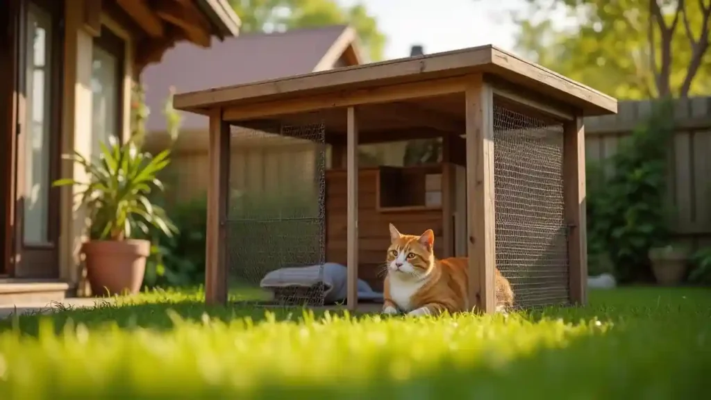 Build the Perfect Cat Enclosure Outdoor for Safe Freedom 1 Realistic cat enclosure outdoor in a backyard with a happy cat lounging inside