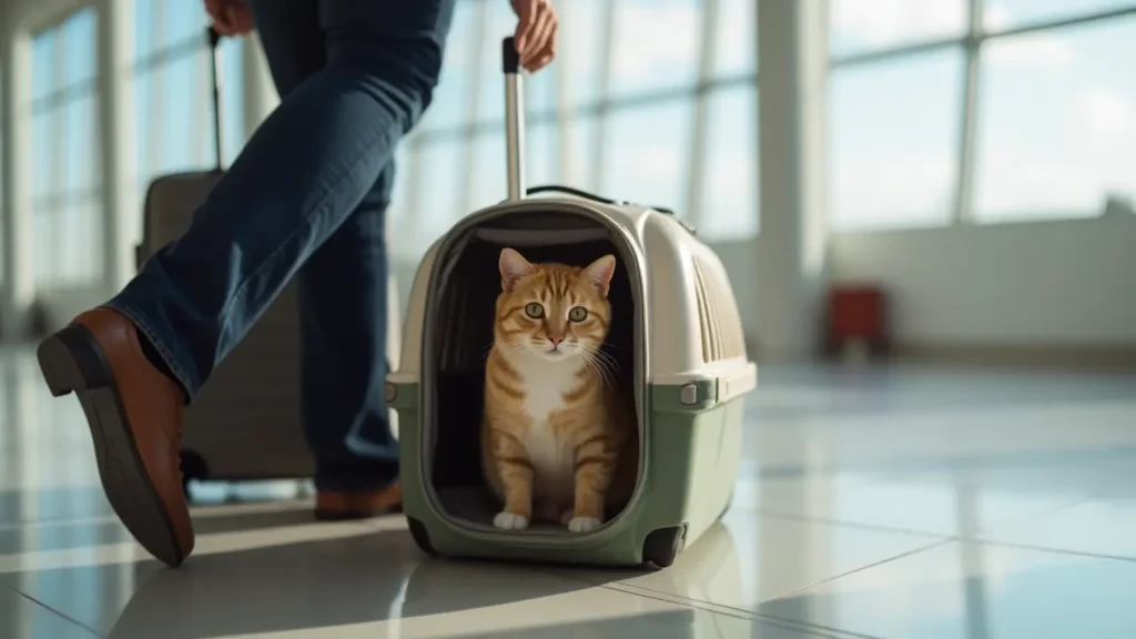 How to Fly with a Cat: The Ultimate Travel Guide for Stress-Free Trips 1 Realistic travel scene showing how to fly with a cat using a soft carrier in an airport.