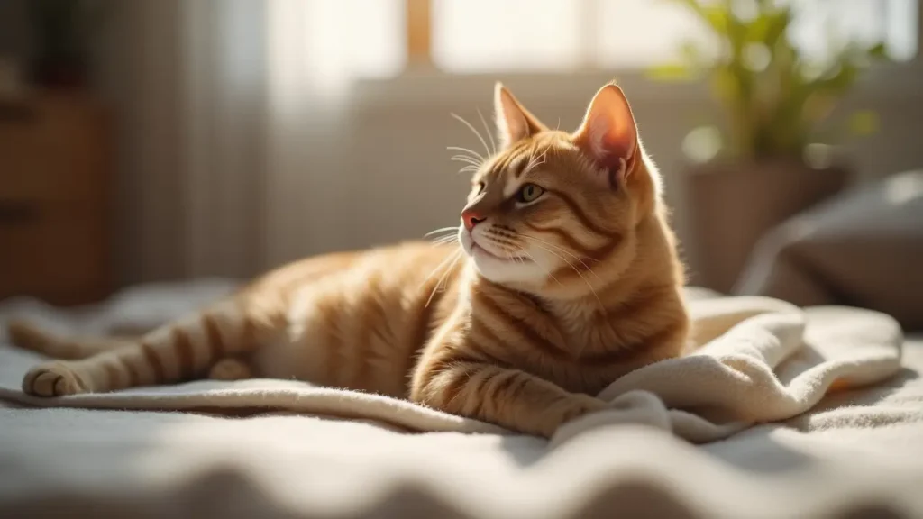 Cat Anxiety Decoded: Natural Remedies and Calming Tips That Work 2 Relaxed cat lying peacefully on a blanket in a stress-free home environment