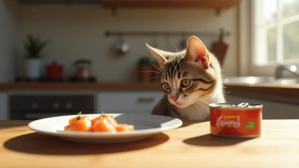 Domestic cat sniffing a can of tuna on a kitchen counter – can cats eat tuna safely?