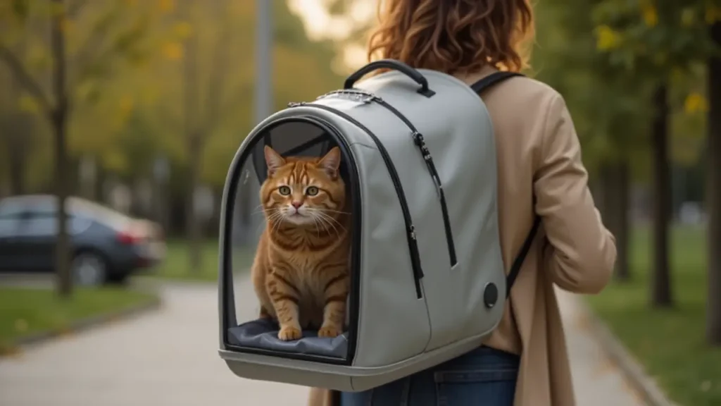 How to Fly with a Cat: The Ultimate Travel Guide for Stress-Free Trips 3 Cat exploring outdoors in a transparent cat backpack carried by its owner.