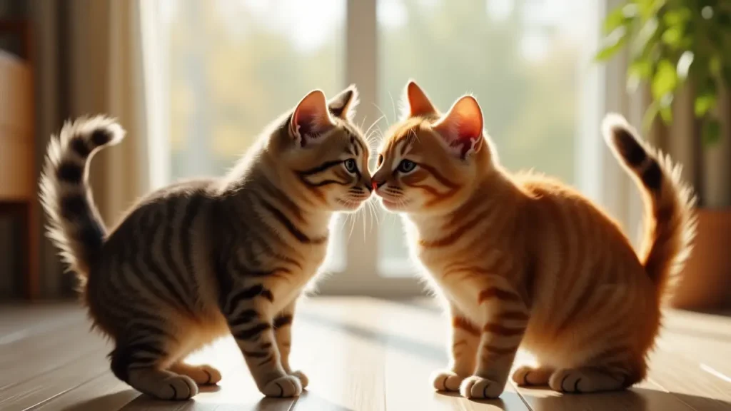 Two domestic cats interacting using body language