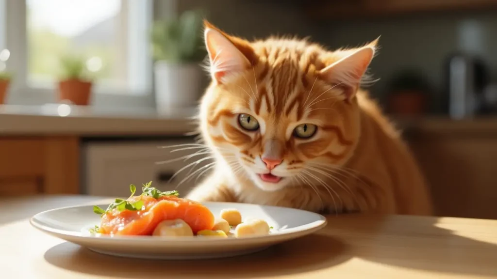Can Cats Eat Tuna Every Day? Discover the Hidden Risks, Benefits & Safer Alternatives 3 Healthy cat eating cooked salmon and chicken on a ceramic plate.