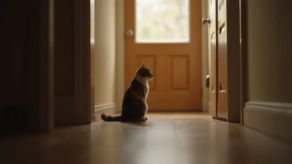 Cat Anxiety Decoded: Natural Remedies and Calming Tips That Work 3 Lonely cat sitting quietly by the door waiting for its owner