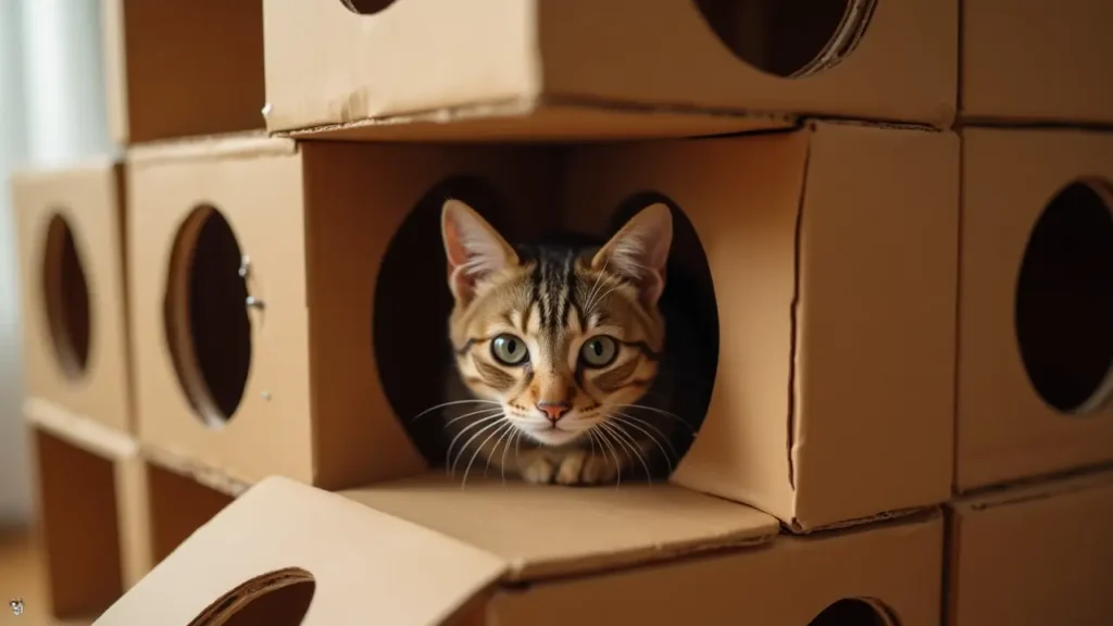 Top 10 DIY Homemade Cat Toys to Keep Your Cat Happy and Active 2 A curious cat explores a cardboard box fort made from DIY homemade cat toys, complete with tunnels and peek-through windows.
