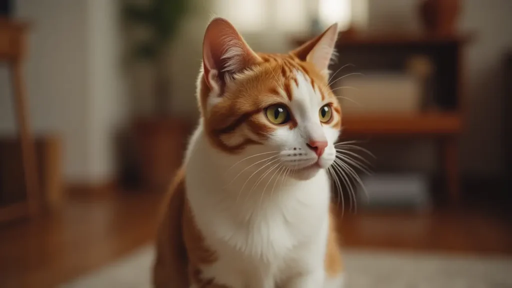 Domestic cat responding to its cat name in a cozy home setting