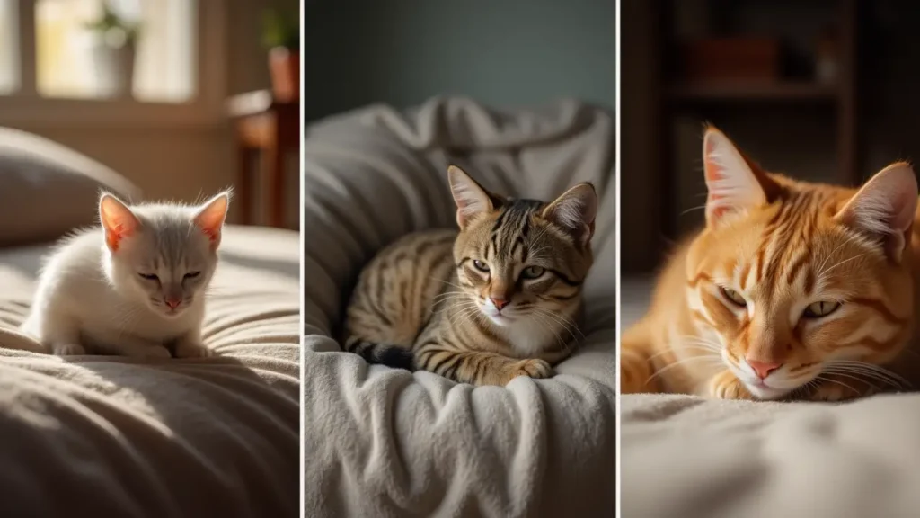 How Many Hours Do Cats Sleep? Understanding Feline Sleep Cycles and Dream Patterns 3 A kitten, adult cat, and senior cat each napping peacefully in different home settings