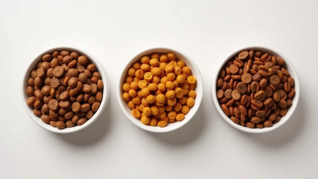Is Fancy Feast Dry Cat Food a Healthy Choice? Expert Insights 3 Three bowls with different types of dry cat food placed side by side