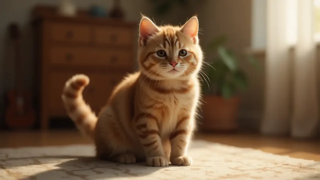 The Ultimate Guide to Cat Tail Language: Understand Your Cat Like Never Before! 1 A domestic cat sitting confidently with its tail raised, showcasing expressive body language in a cozy home setting.