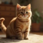 A domestic cat sitting confidently with its tail raised, showcasing expressive body language in a cozy home setting.