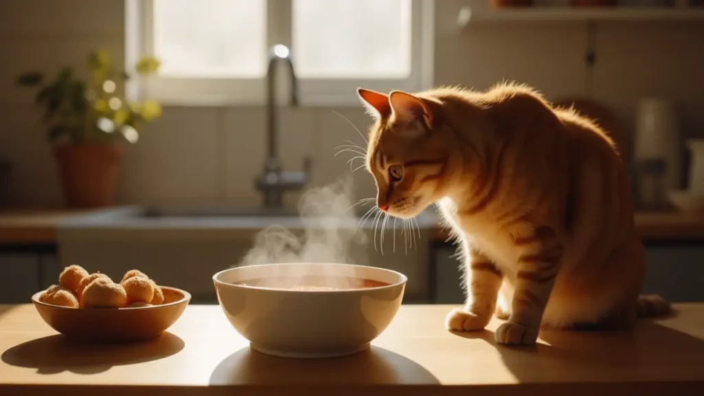 Bone Broth for Cats: Nutritional Benefits or Just Another Trend? 1 A curious cat sniffing a warm bowl of homemade broth on a kitchen counter – bone broth for cats