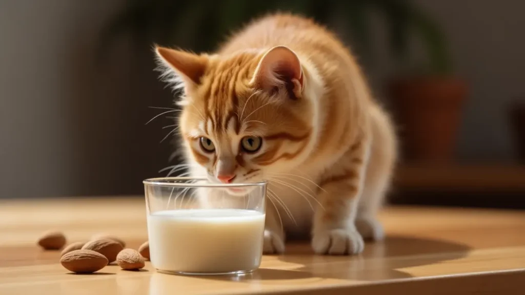 Can Cats Drink Almond Milk? The Truth About Benefits and Safety 1 Can cats drink almond milk? A curious cat sniffing a glass of almond milk on a wooden table.