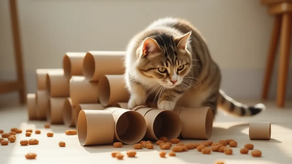 Top 10 DIY Homemade Cat Toys to Keep Your Cat Happy and Active 3 A cat interacting with a homemade cat toy puzzle feeder made from paper rolls.