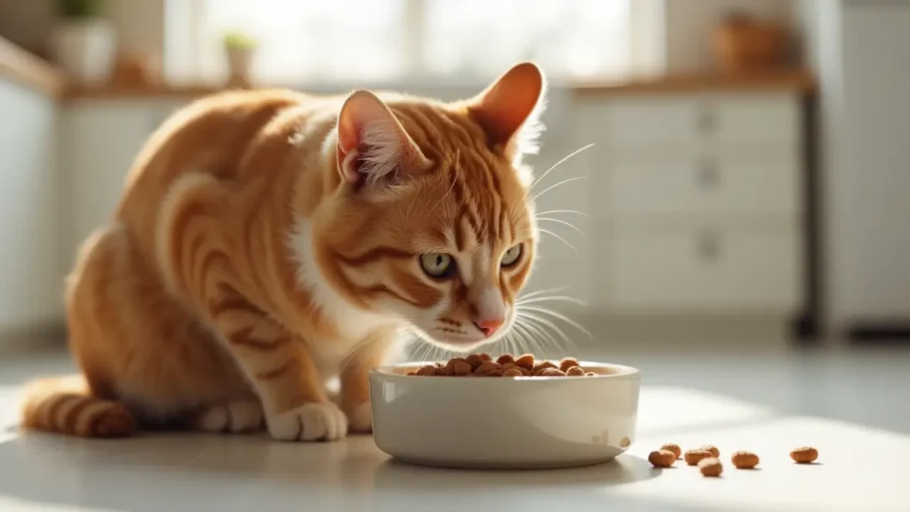 Healthy cat enjoying a natural meal in a modern kitchen setting – small batch cat food in a ceramic bowl.