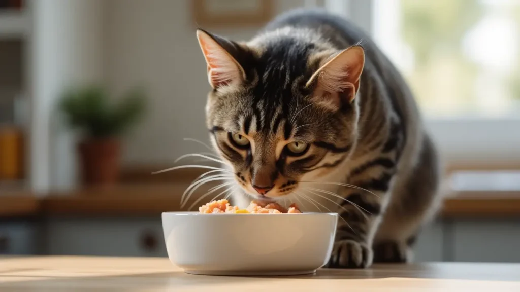 Can Cats Eat Tuna Every Day? Discover the Hidden Risks, Benefits & Safer Alternatives 1 Curious cat sniffing a bowl of plain tuna — can cats eat tuna?