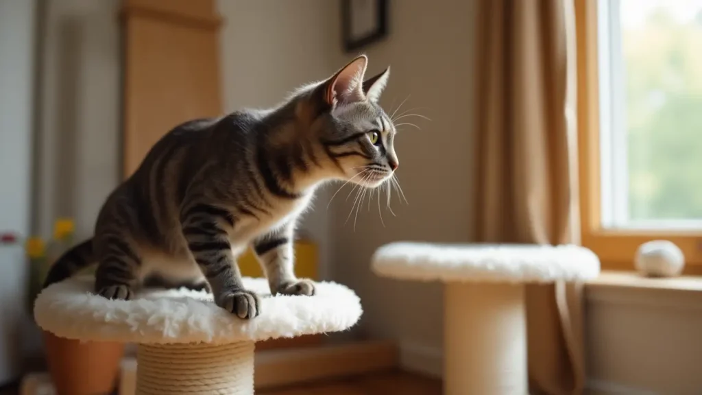 Best Cat Food Brands: A Complete Guide for Health-Conscious Cat Owners 2 Energetic cat climbing a cat tree in a bright room