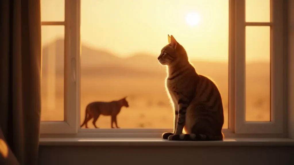 A symbolic representation of cat evolution, showing a domestic cat indoors with a faint reflection of its wild ancestor in the window.