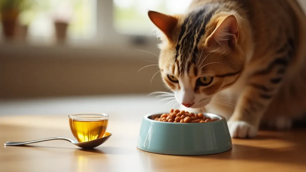 Best Fish Oil for Cats: Benefits and How to Use It 2 Fish oil for cats shown as a spoonful of golden oil near a curious cat’s food bowl.
