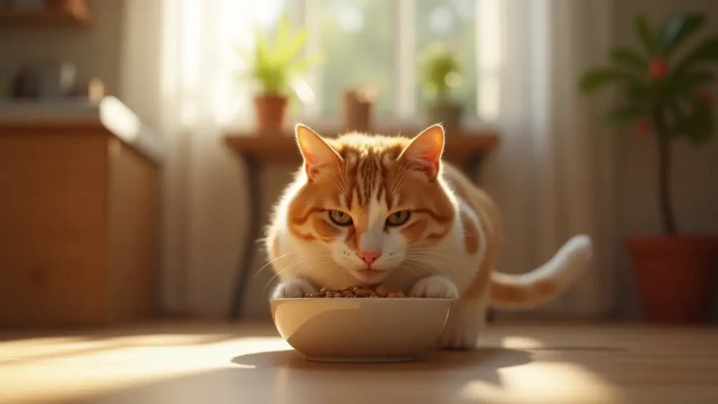 Healthy cat eating natural cat food from a ceramic bowl in a sunlit kitchen