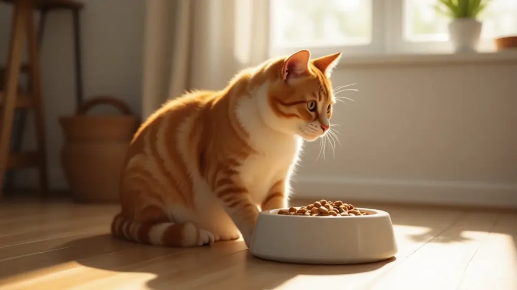 A healthy cat beside a bowl of open farm cat food in a cozy kitchen setting.