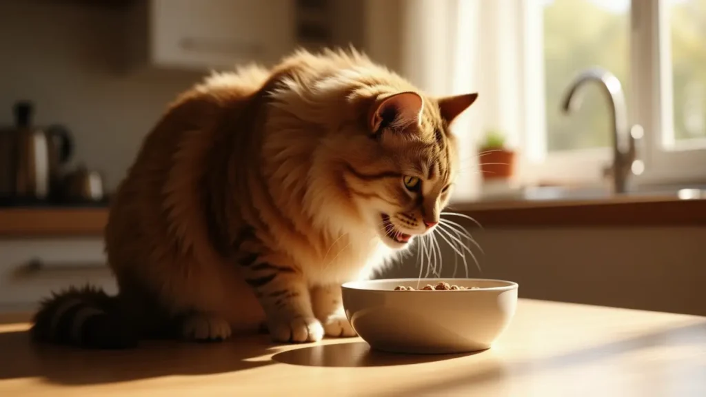 Adult cat eating calmly in a sunlit kitchen, symbolizing the benefits of authority cat food.