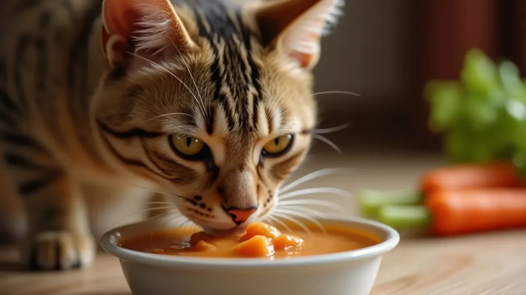Bone Broth for Cats: Nutritional Benefits or Just Another Trend? 2 Cat enjoying liquid cat food made with chicken broth in a home setting