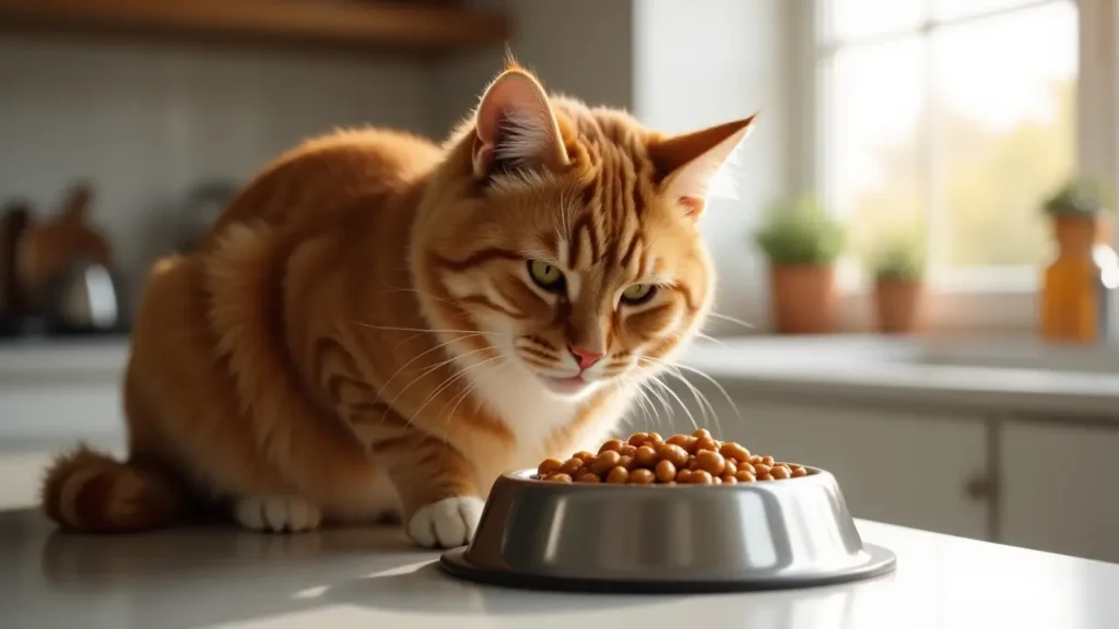 The Ultimate Guide to the Best Cat Food: Tailoring Nutrition to Every Feline Need 1 A healthy adult cat enjoying the best cat food in a stainless steel bowl on a kitchen counter.