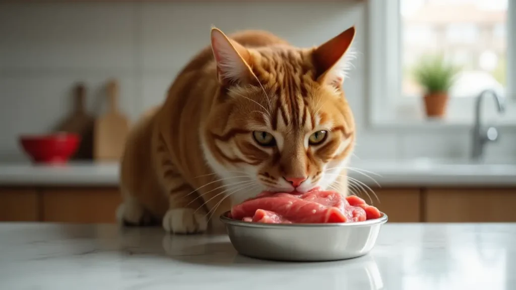 The Ultimate Raw Cat Food Diet: Benefits, Recipes & Safety 1 Healthy cat eating raw food on kitchen counter – Raw Cat Food Diet