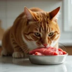 Healthy cat eating raw food on kitchen counter – Raw Cat Food Diet