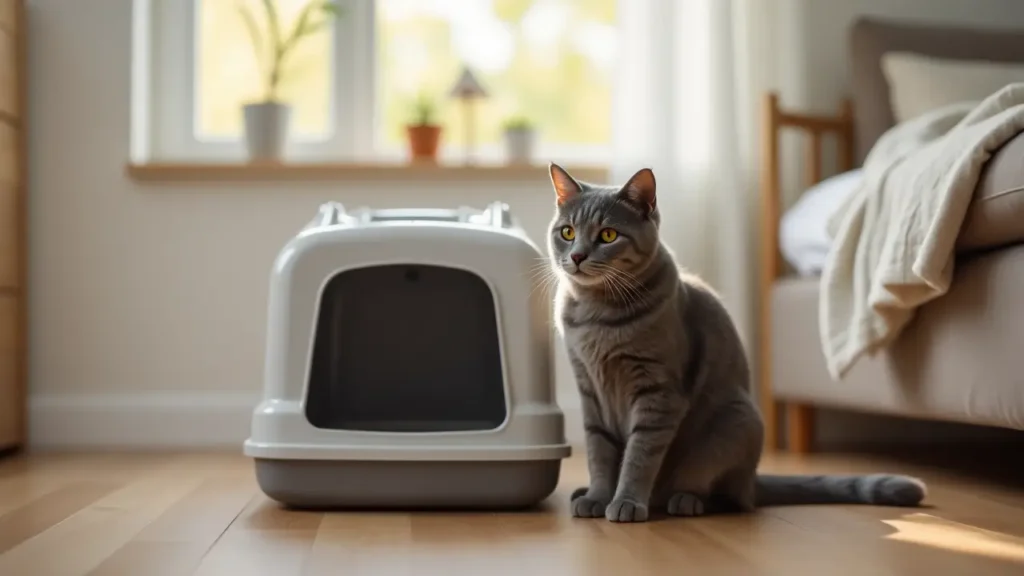 Is Authority Cat Food Good for Your Cat? A Nutritional Breakdown 3 Grey cat resting calmly near a clean litter box