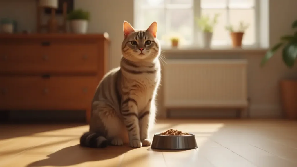 Is Fancy Feast Dry Cat Food a Healthy Choice? Expert Insights 1 Healthy domestic cat next to a bowl of dry cat food on a clean kitchen floor