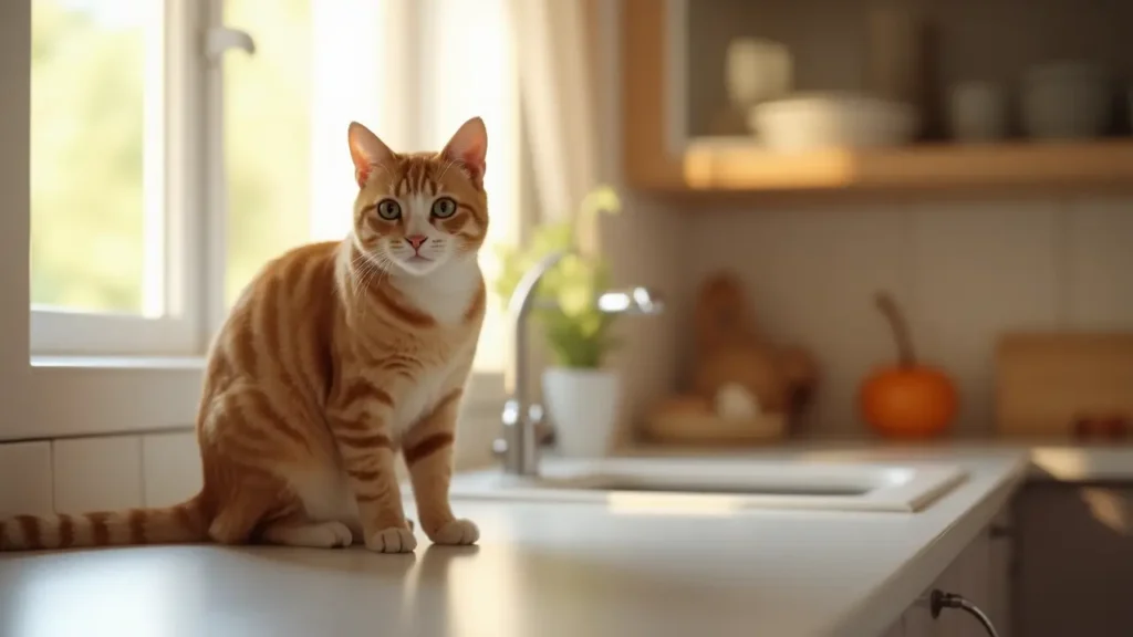 Best Fish Oil for Cats: Benefits and How to Use It 1 A well-groomed domestic cat with a shiny coat sitting on a kitchen counter, symbolizing good health and proper nutrition.
