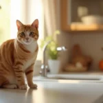 A well-groomed domestic cat with a shiny coat sitting on a kitchen counter, symbolizing good health and proper nutrition.