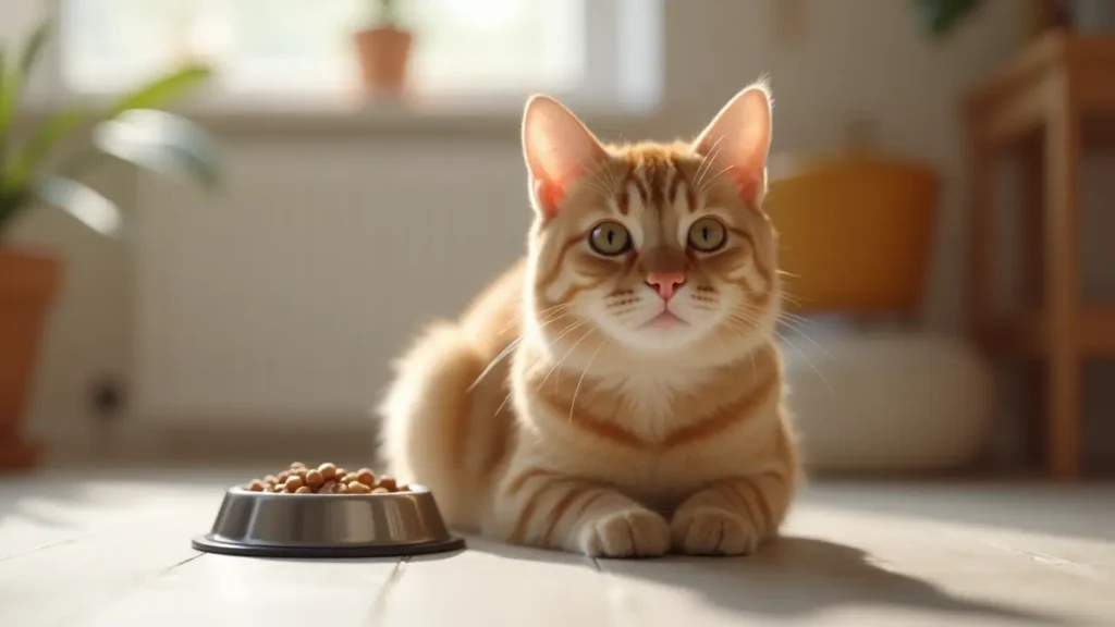 Best Cat Food Brands: A Complete Guide for Health-Conscious Cat Owners 1 A healthy adult cat sitting beside a food bowl in a modern kitchen, representing the best cat food brands