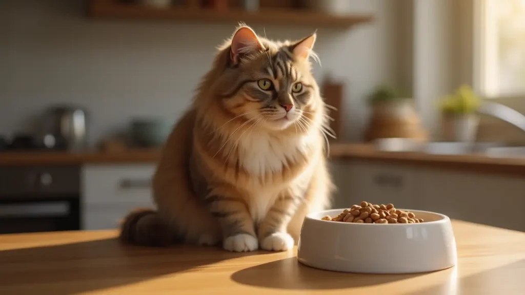 WholeHearted Cat Food vs Top Brands: Is It the Best Choice for Your Cat 1 Healthy adult cat sitting beside a bowl of wholehearted cat food on a wooden kitchen counter.