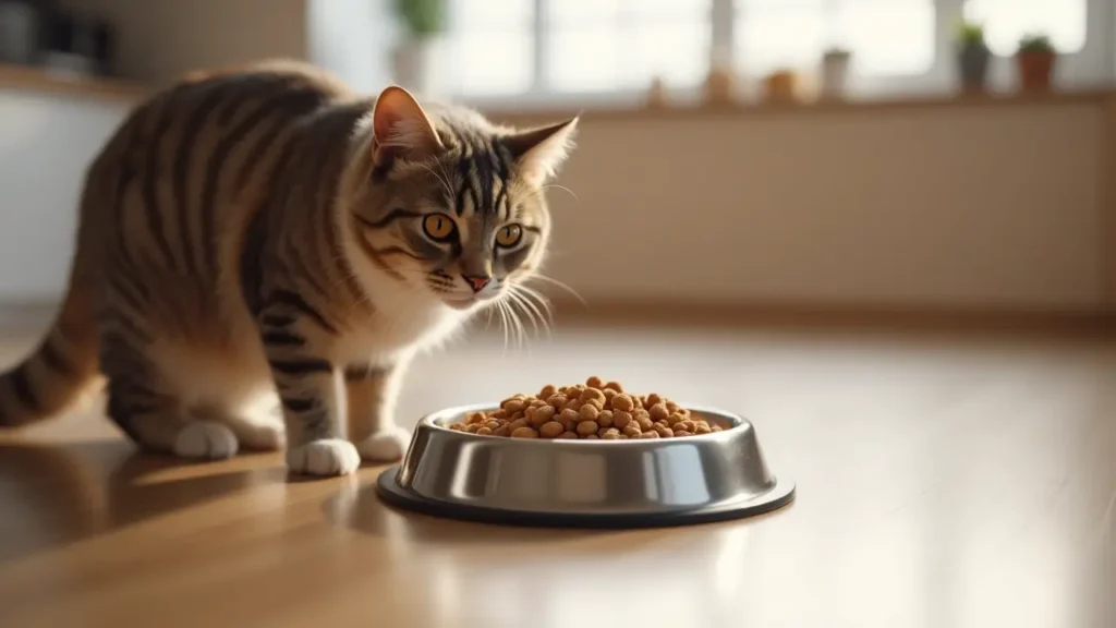 Friskies Dry Cat Food: Is It Really Giving Your Cat the Nutrition It Needs? 3 Cat eating dry food from a stainless steel bowl in a clean kitchen