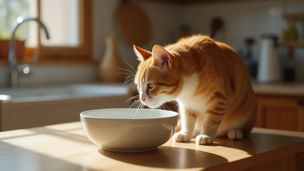Best Cat Food Brands: A Complete Guide for Health-Conscious Cat Owners 3 Cat drinking water from a ceramic bowl in a cozy kitchen