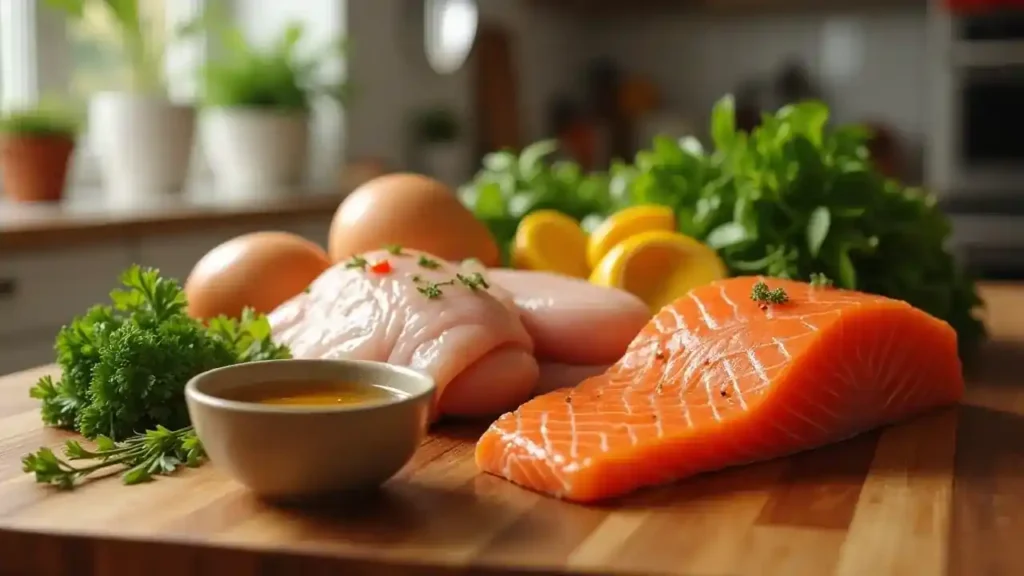 The Ultimate Guide to the Best Cat Food: Tailoring Nutrition to Every Feline Need 2 Fresh ingredients for cat food, including chicken, salmon, and omega-rich oils, on a wooden cutting board.