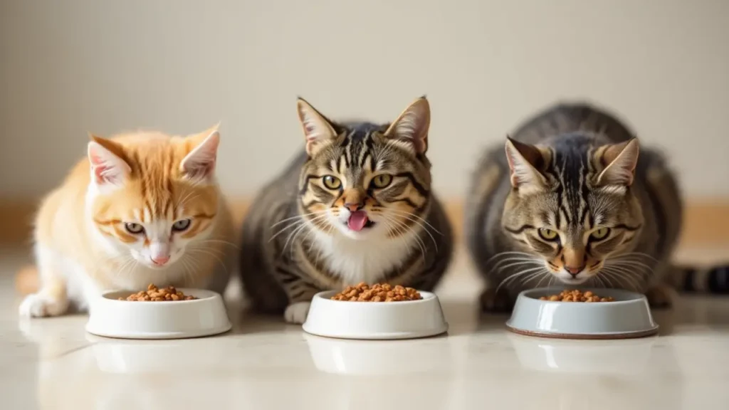 How Much Canned Food to Feed a Cat: Vet-Approved Guidelines for Every Life Stage 2 three cats of different ages eating from individual bowls