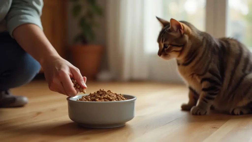 Is Fancy Feast Dry Cat Food a Healthy Choice? Expert Insights 4 Person mixing two types of dry cat food in a bowl with a curious cat watching