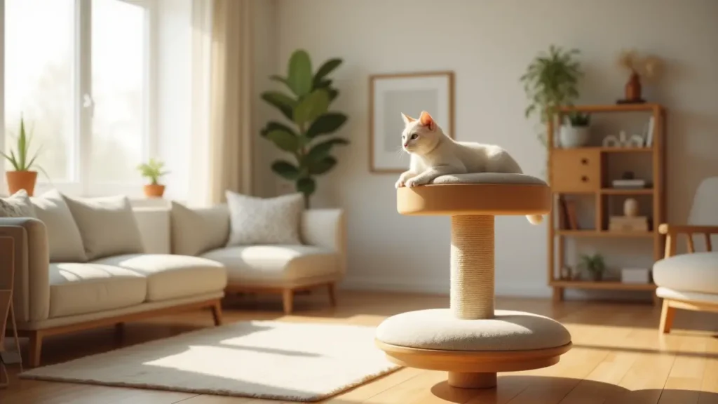 Modern Cat Tree Furniture: The Perfect Blend of Style and Function for Small Spaces 1 A compact living room with modern cat tree furniture and a relaxed cat lounging on top.
