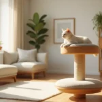 A compact living room with modern cat tree furniture and a relaxed cat lounging on top.