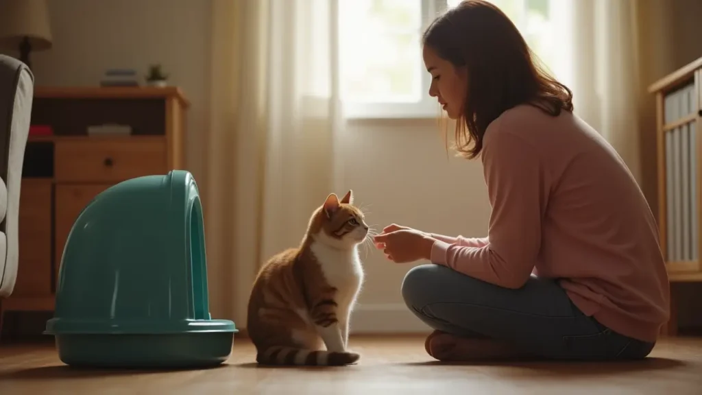 Best Cat Food for Urinary Health: Top UTI Solutions & Trusted Vet Brands 2 A cat owner watching their pet near a litter box, concerned about urinary issues